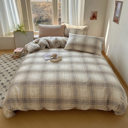 三朵家纺 2025新款全棉双层纱混搭四件套 麦凯-咖