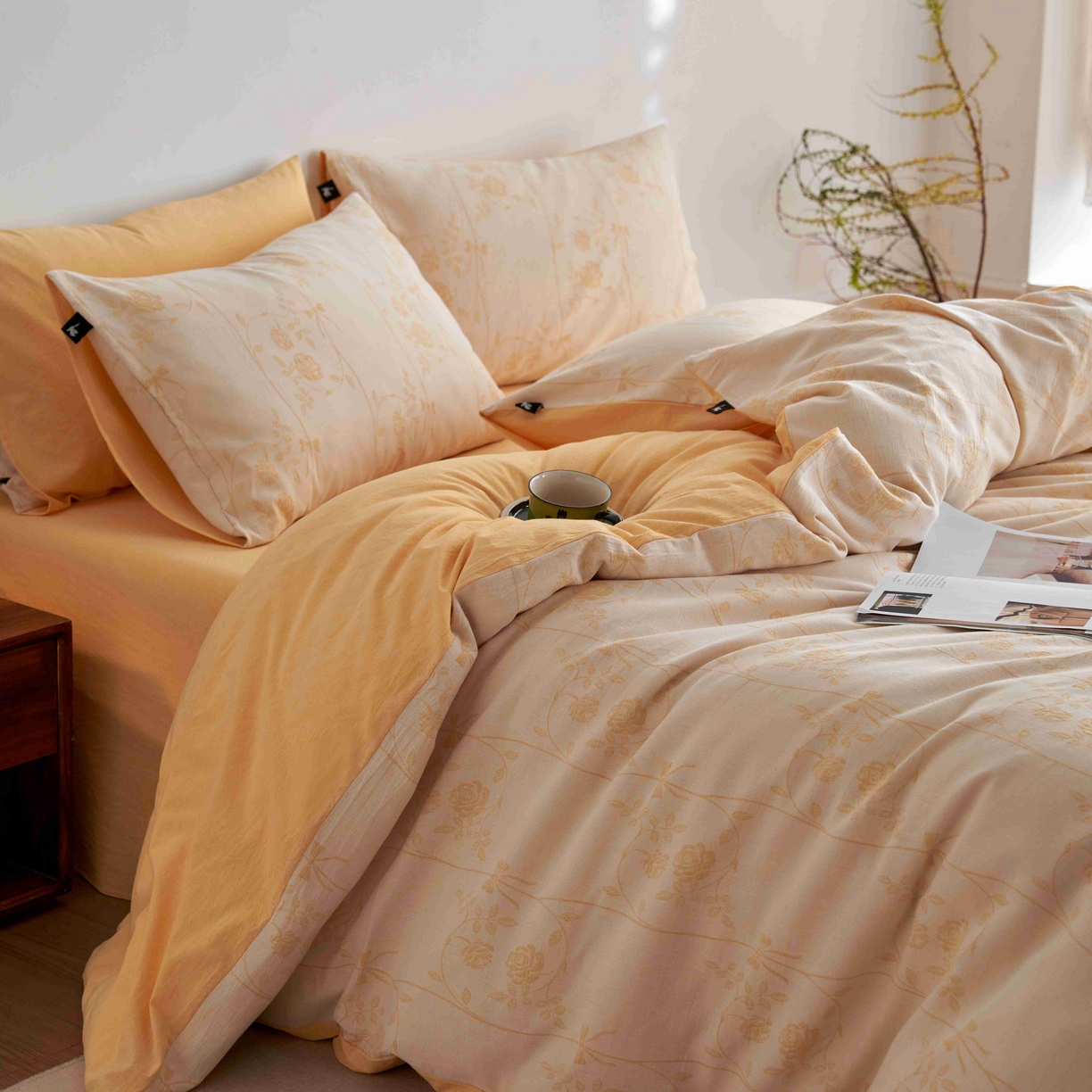 91家纺网 家纺一手货源 找家纺 安莱生活 2025新款60s双层纱色织大提花枝上玫瑰四件套系列 枝上玫瑰-嫩黄