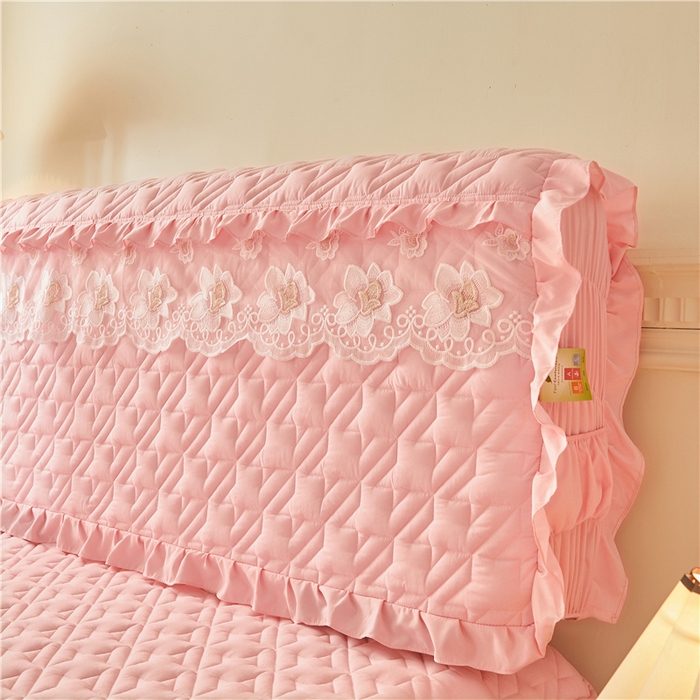 91家纺网 家纺一手货源 找家纺 十个点家纺 2025新款千鸟格磨毛绗缝夹棉纯色花边床头罩 经典玉粉