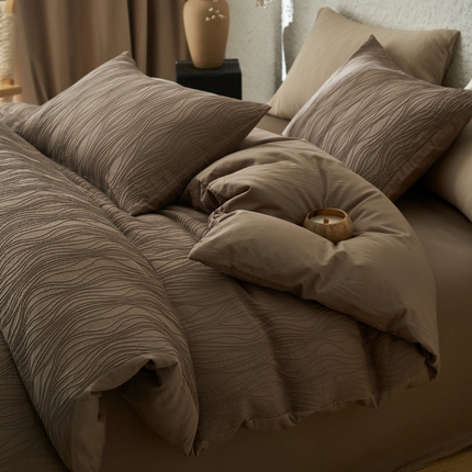 2025新款纯棉水洗棉三层波浪纹提花四件套 波浪纹-中灰