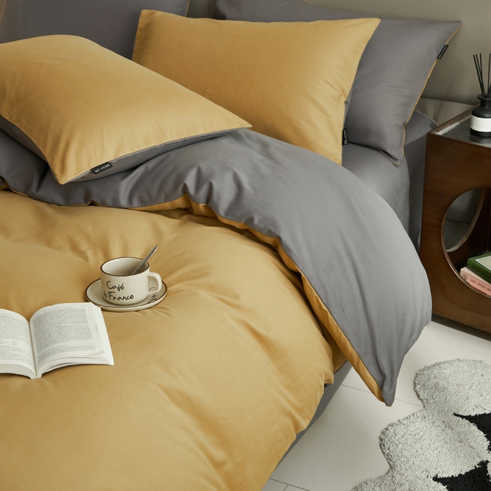 91家纺网 家纺一手货源 找家纺 2025新款全棉13372水洗棉双拼四件套（影棚亮光） 暗木幽香+宝藏灰