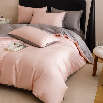 91家纺网 家纺一手货源 找家纺 2025新款60支纯棉长绒棉四件套 浅粉+暖灰
