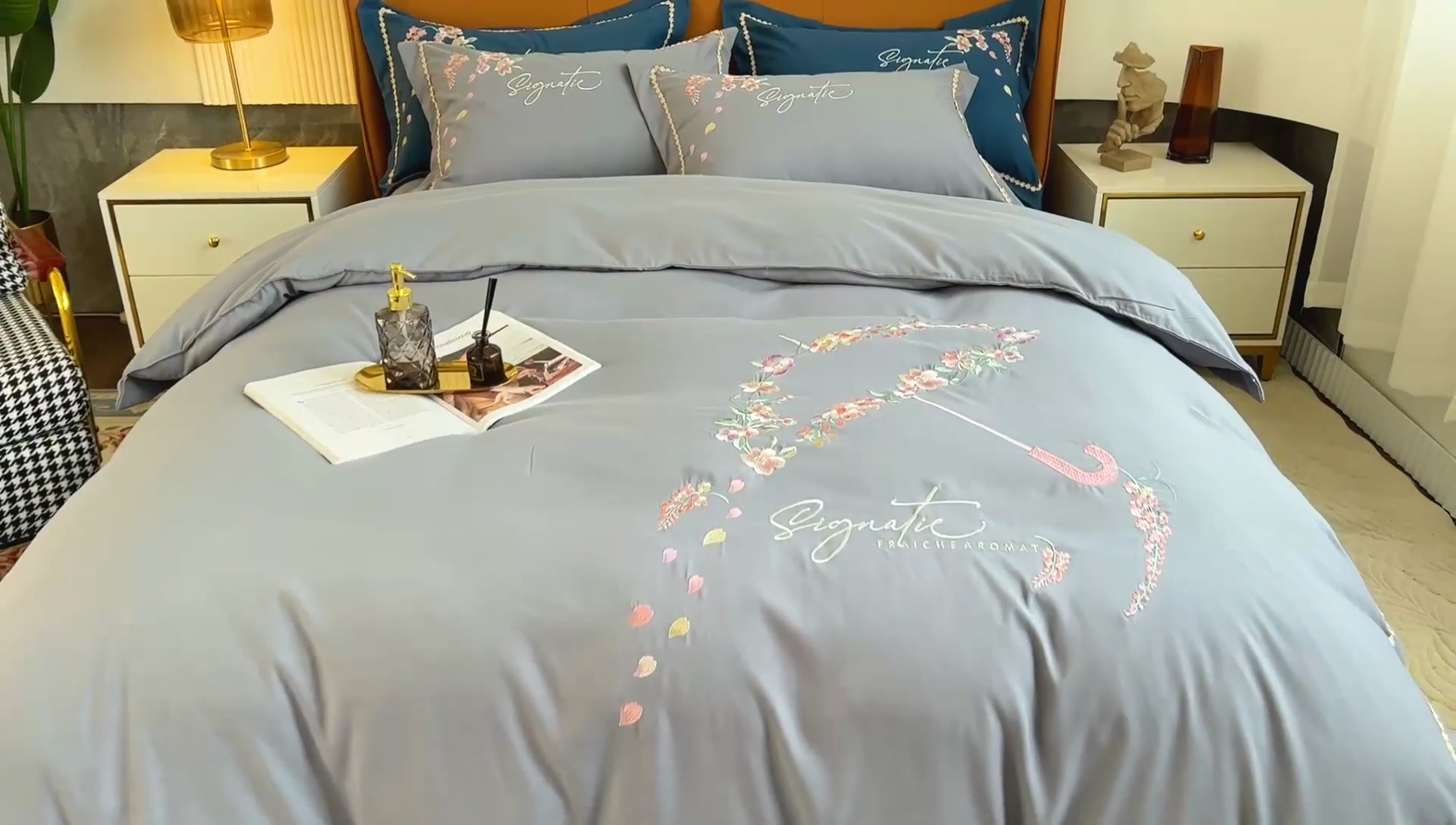 91家纺网 家纺一手货源 找家纺 梵克保罗 2025新款直播热卖长绒棉刺绣花边四件套-莉薇系列 莉薇-高级灰