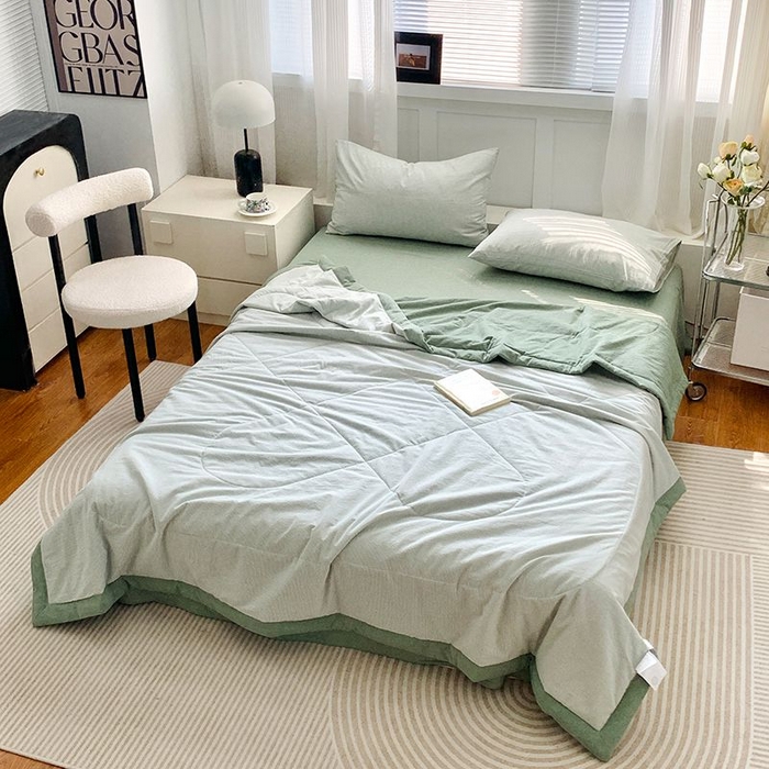 91家纺网 家纺一手货源 找家纺 水洗的故事 2025新款全棉色织水洗棉夏被&四件套 密条绿