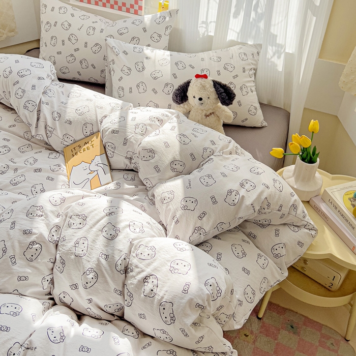 91家纺网 家纺一手货源 找家纺 优选良品 2025新款加厚云感棉双层纱四件套小碎花被套床单床笠款学生三件套新款直播热款 猫咪恋人