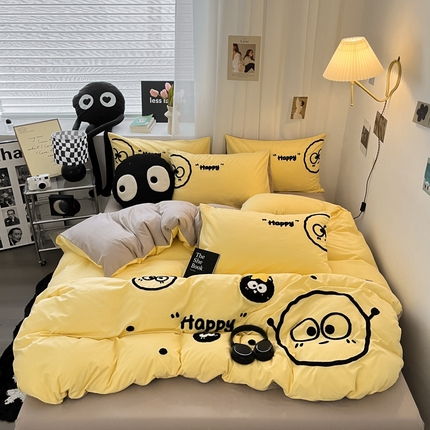 沐慕 2025新款简约亲肤毛巾绣四件套 黑球球-黄色