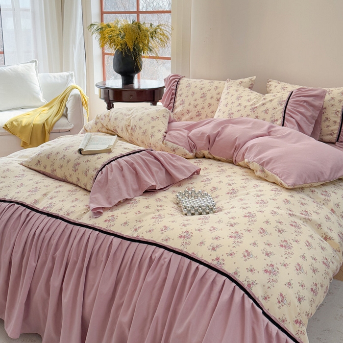 91家纺网 家纺一手货源 找家纺 沐慕 2025新款法式针织双层纱印花系列四件套 赛琳娜