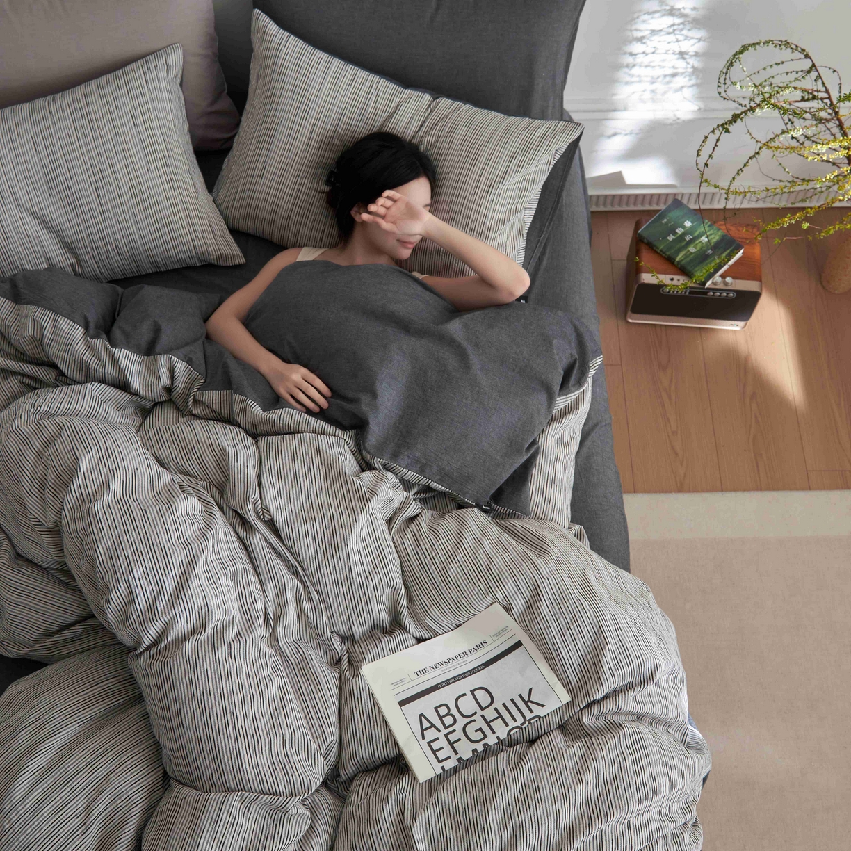 91家纺网 家纺一手货源 找家纺 安莱生活 2025新款60s色织大提花秘境条纹四件套系列 灰白混条