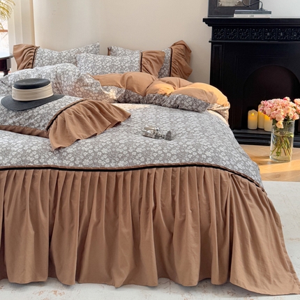 91家纺网 家纺一手货源 找家纺 沐慕 2025新款法式针织双层纱印花系列四件套 椿山集 灰