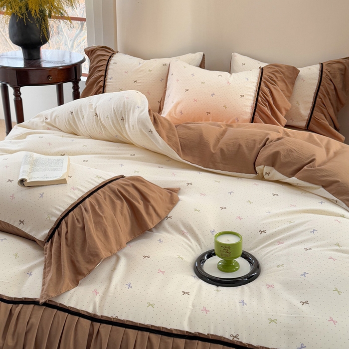 91家纺网 家纺一手货源 找家纺 沐慕 2025新款法式针织双层纱印花系列四件套 蝴蝶结