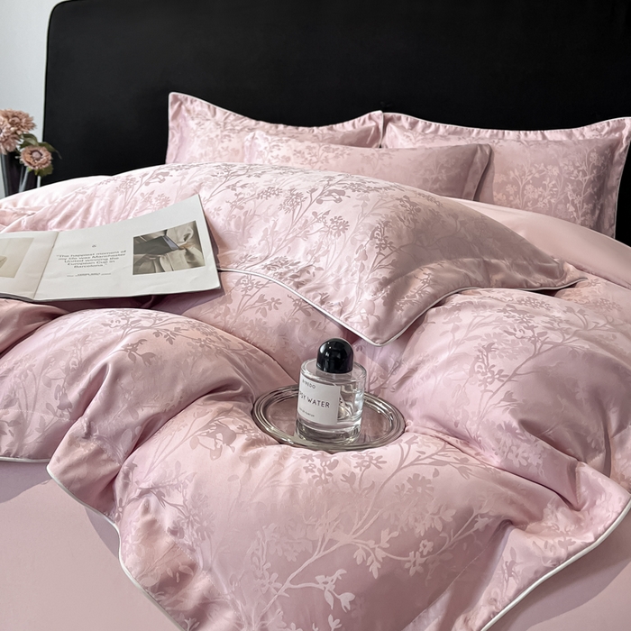 91家纺网 家纺一手货源 找家纺 米彩家纺 2025新款A类水洗真丝天丝提花四件套 花月梦豆沙