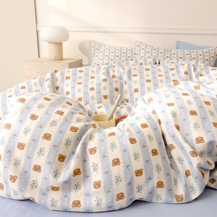 DoDo 兜兜 2025新款全棉双层纱印花单被套（可定做尺寸） 条纹小熊-蓝