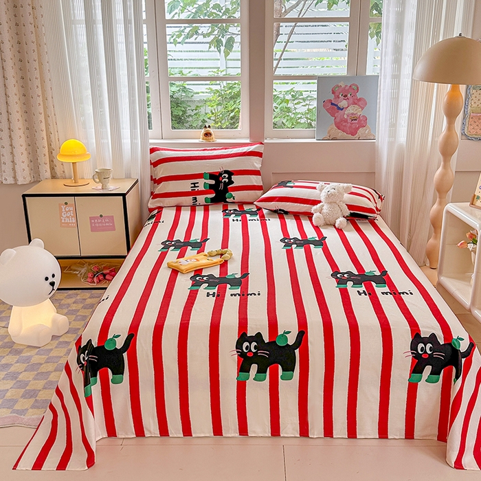 91家纺网 家纺一手货源 找家纺 吉象家纺 2025新款高支密全棉印花单品系列-单床单 红线条小黑猫