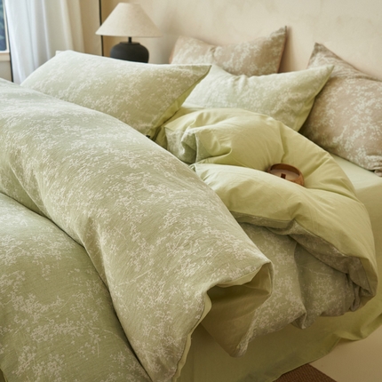 2025新款纯棉水洗棉三层纱繁花提花四件套 四件套-繁花-果绿