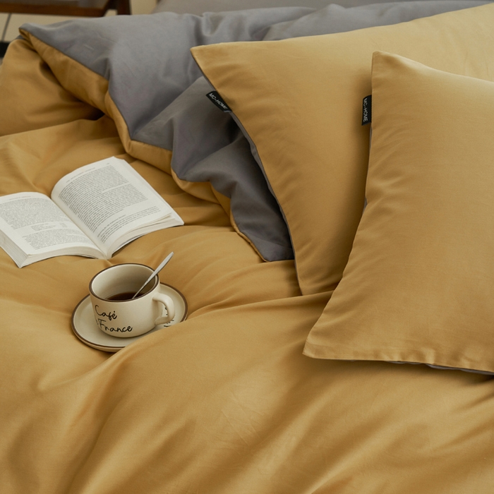 91家纺网 家纺一手货源 找家纺 2025新款全棉13372水洗棉双拼四件套（影棚亮光） 暗木幽香+宝藏灰