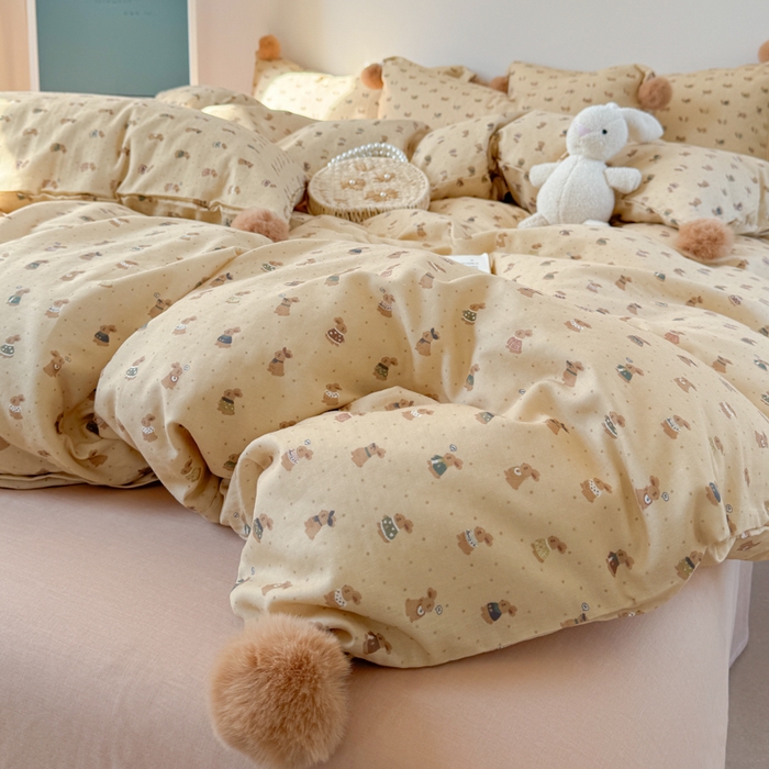 91家纺网 家纺一手货源 找家纺 金爱家 2025新款亲肤舒适纯棉双层纱四件套 双层纱-奶咖小兔