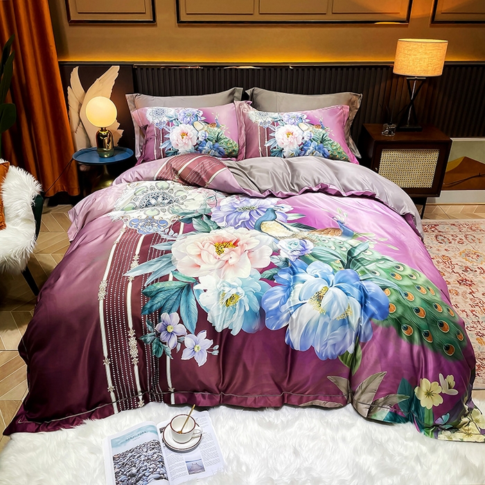 91家纺网 家纺一手货源 找家纺 梵克保罗 2025春夏新款天丝数码大版印花四件套 华尔兹-玫红