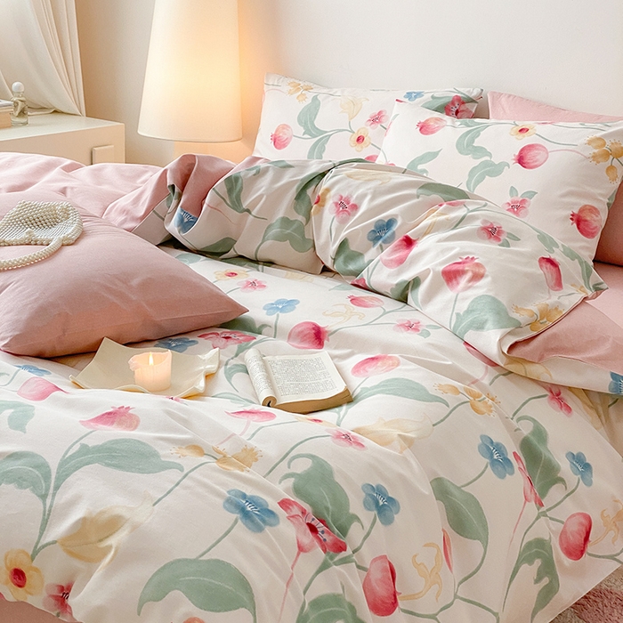 91家纺网 家纺一手货源 找家纺 宜家坊 2025开春新品全棉喷气13070小清新印花纯棉全棉四件套-风格一 时留