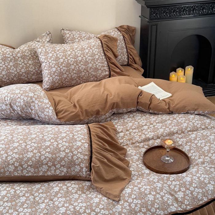 91家纺网 家纺一手货源 找家纺 沐慕 2025新款法式针织双层纱印花系列四件套 椿山集 咖