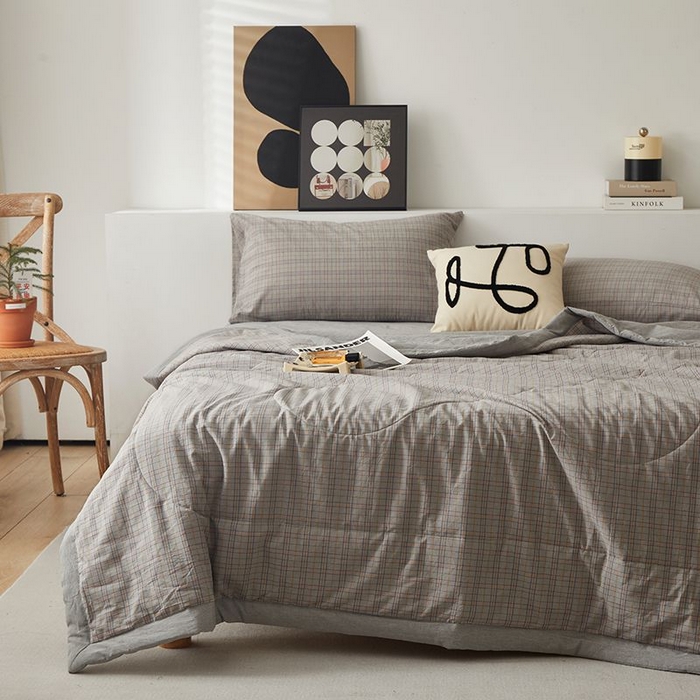 91家纺网 家纺一手货源 找家纺 水洗的故事 2025新款全棉色织水洗棉夏被&四件套 赫本灰