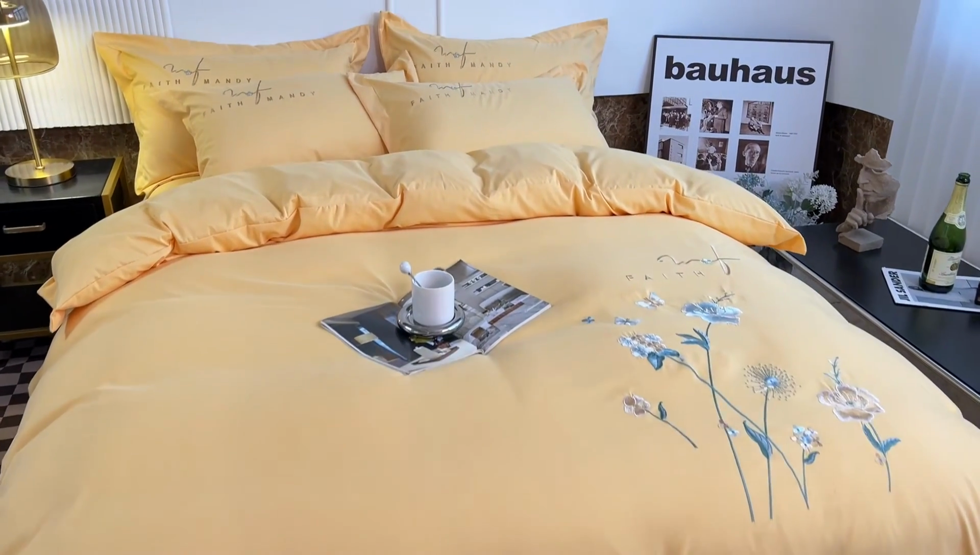 91家纺网 家纺一手货源 找家纺 梵克保罗 2025直播热卖长绒棉刺绣花边四件套-烟雨花都 烟雨花都-柠檬黄