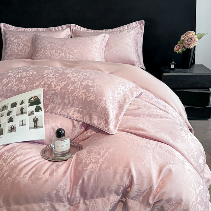 91家纺网 家纺一手货源 找家纺 米彩家纺 2025新款A类水洗真丝天丝提花四件套 花月梦豆沙