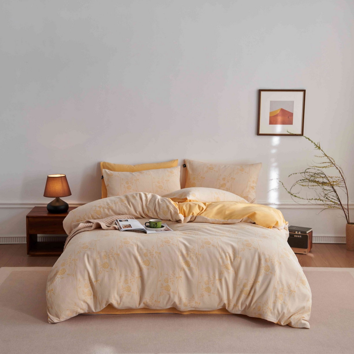 91家纺网 家纺一手货源 找家纺 安莱生活 2025新款60s双层纱色织大提花枝上玫瑰四件套系列 枝上玫瑰-嫩黄