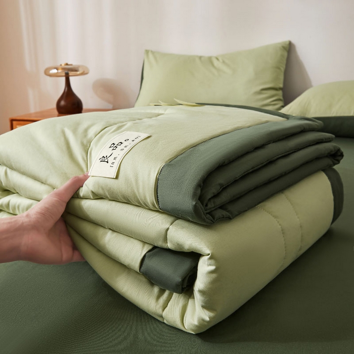 91家纺网 家纺一手货源 找家纺 熙宴家纺 2025新款纯色里外全棉夏被四件套 果绿+墨绿