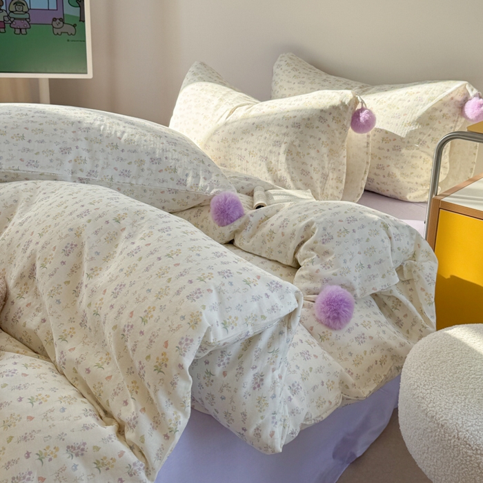 91家纺网 家纺一手货源 找家纺 金爱家 2025新款亲肤舒适纯棉双层纱四件套 双层纱-紫碎花小兔