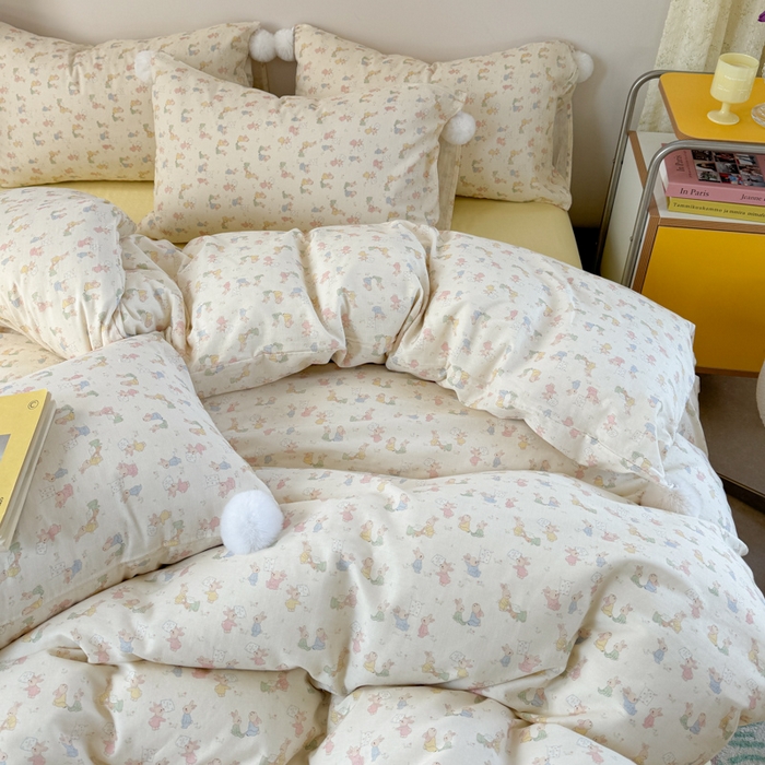 91家纺网 家纺一手货源 找家纺 金爱家 2025新款亲肤舒适纯棉双层纱四件套 双层纱-兔兔好朋友