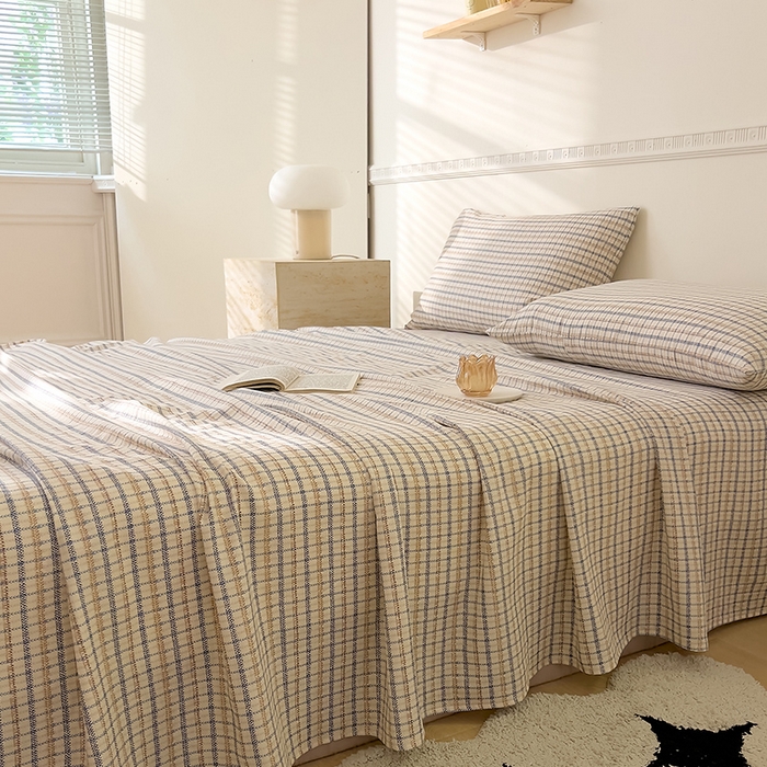 91家纺网 家纺一手货源 找家纺 DoDo 兜兜 2025新款全棉双层纱印花单床单（可定做尺寸） 蓝调格子