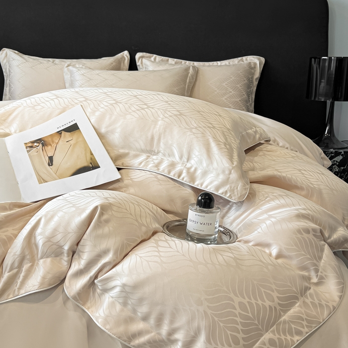 91家纺网 家纺一手货源 找家纺 米彩家纺 2025新款A类水洗真丝天丝提花四件套 小树叶浅香槟