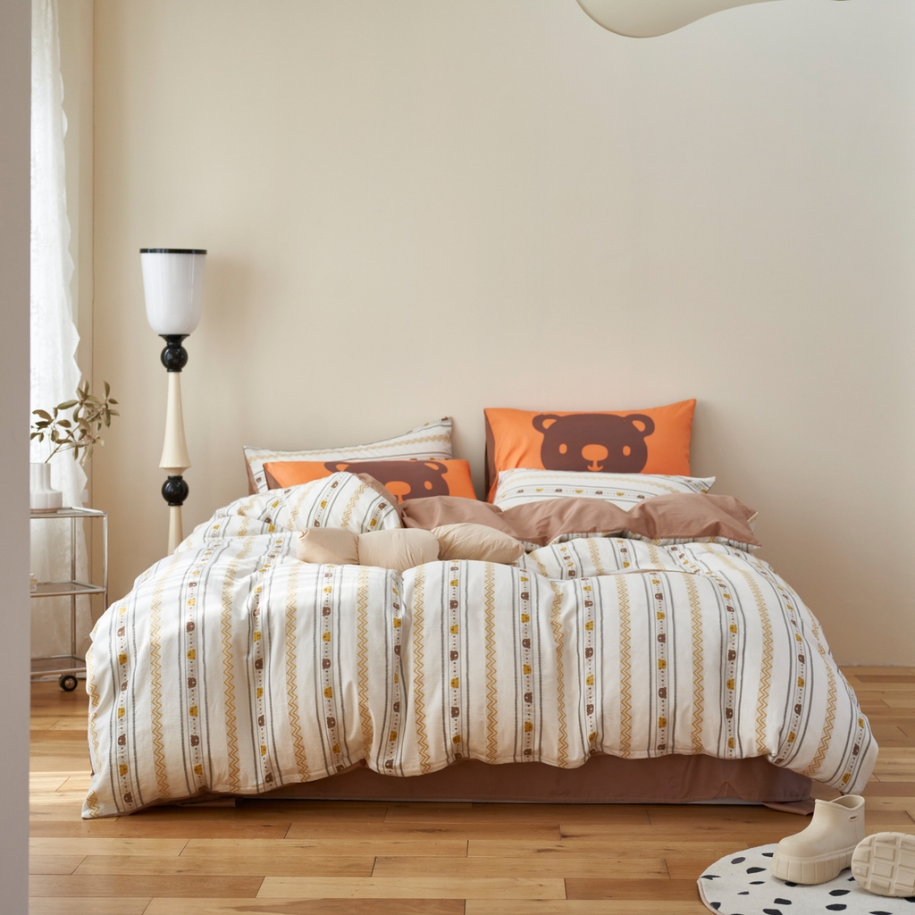 91家纺网 家纺一手货源 找家纺 金丝鸟家纺 2025新款专版全棉三层纱提花四件套波纹小熊系列 波纹小熊桔