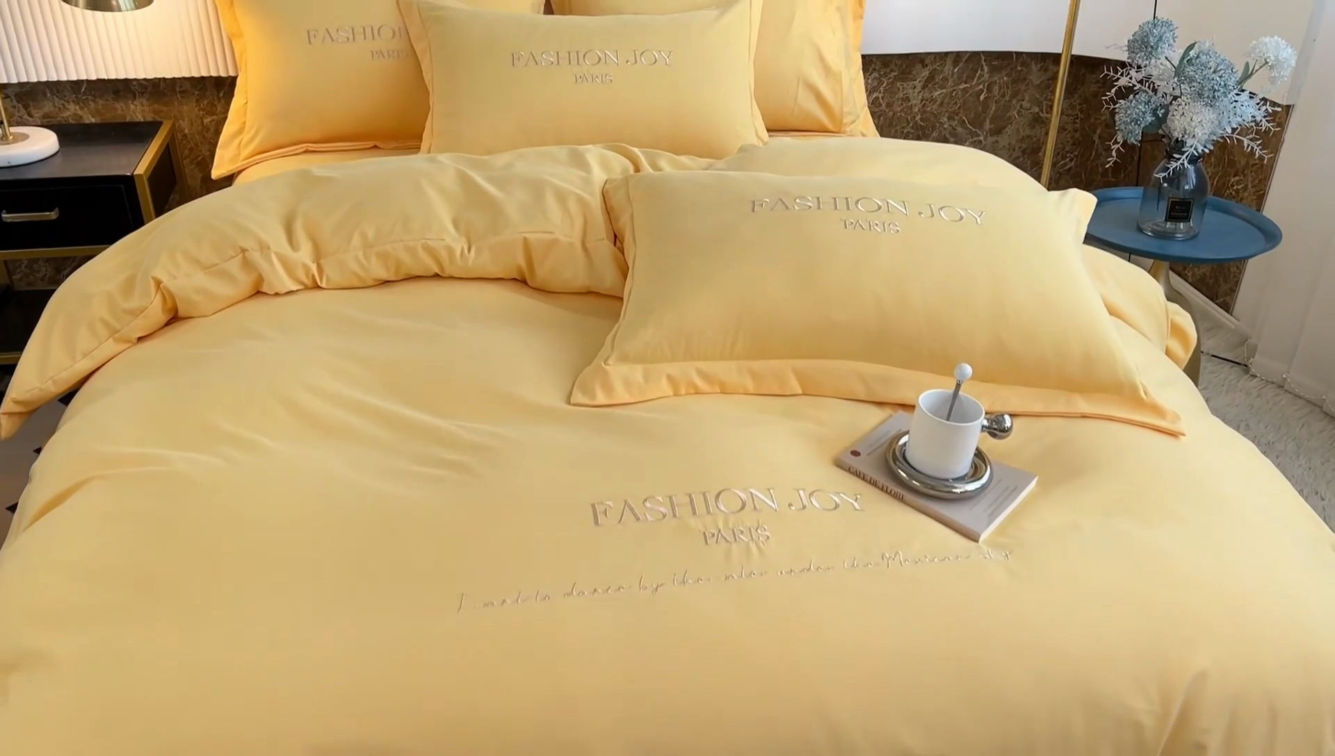 91家纺网 家纺一手货源 找家纺 梵克保罗 2025新款直播热卖长绒棉刺绣花边四件套-繁星系列 繁星-柠檬黄