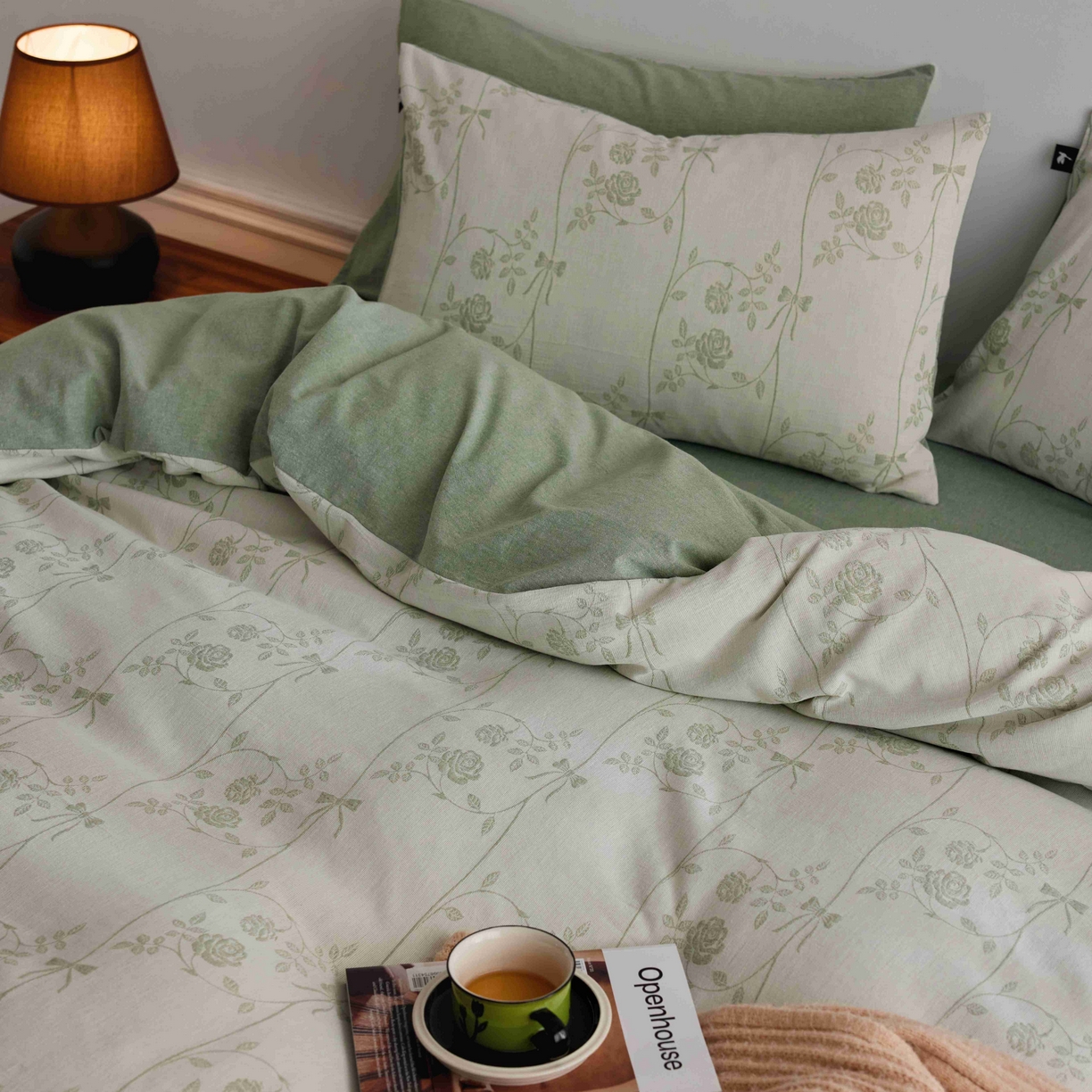 91家纺网 家纺一手货源 找家纺 安莱生活 2025新款60s双层纱色织大提花枝上玫瑰四件套系列 枝上玫瑰-草绿