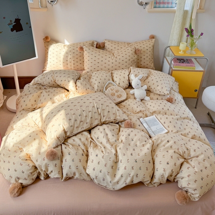91家纺网 家纺一手货源 找家纺 金爱家 2025新款亲肤舒适纯棉双层纱四件套 双层纱-奶咖小兔