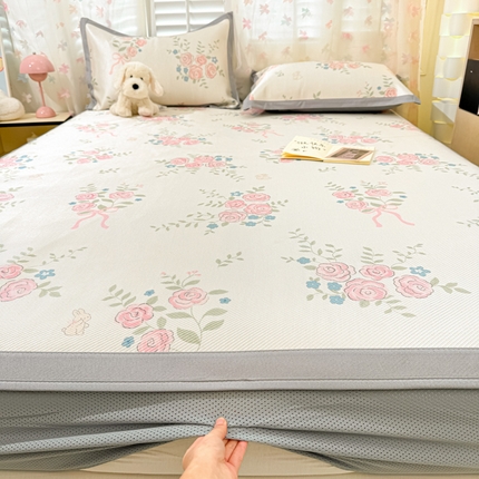 2025新款小清新数码印花床笠款冰藤席 床笠玫瑰原野