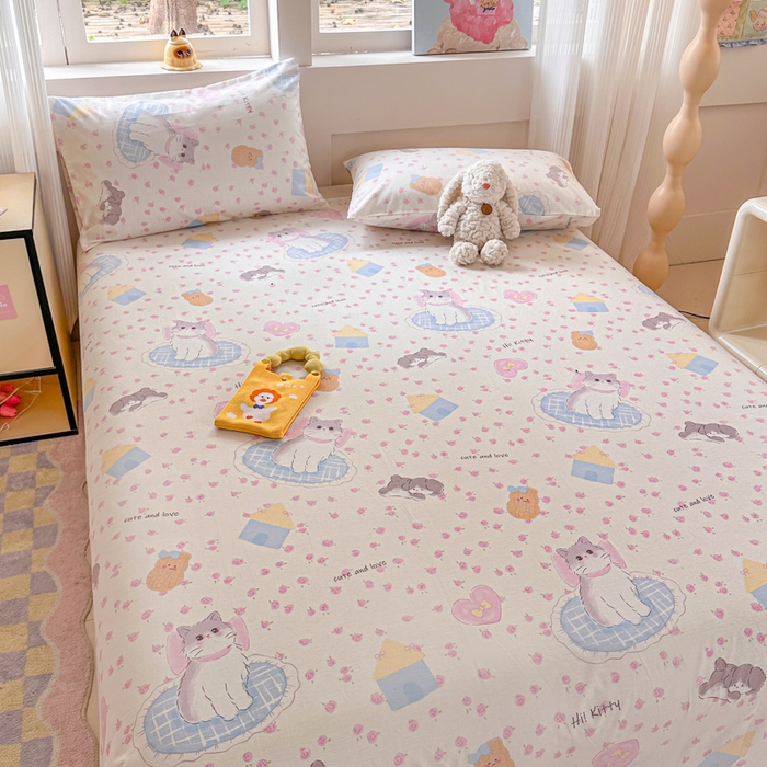 91家纺网 家纺一手货源 找家纺 吉象家纺 2025新款高支密全棉印花单品系列-单床单 喵喵聚会