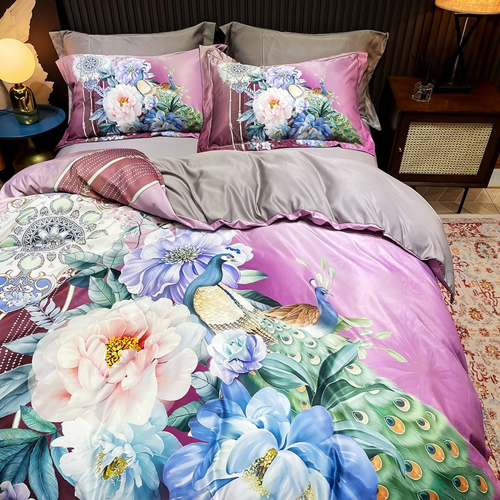 91家纺网 家纺一手货源 找家纺 梵克保罗 2025春夏新款天丝数码大版印花四件套 华尔兹-玫红