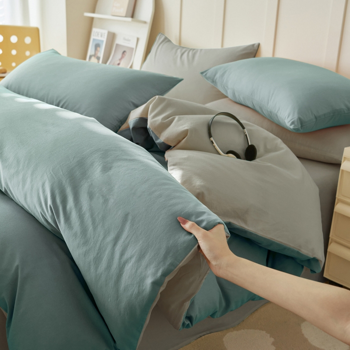 91家纺网 家纺一手货源 找家纺 2025新款全棉13372水洗棉双拼四件套（自然光） 安然蓝+毛毯灰