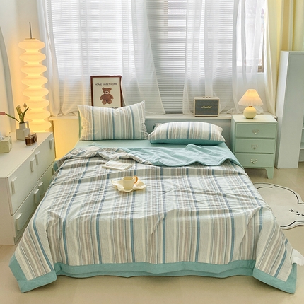 水洗的故事 2025新款全棉色织水洗棉棉花夏被被子被芯 参青绿条