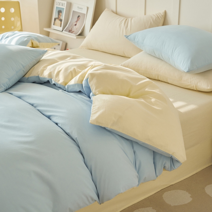 91家纺网 家纺一手货源 找家纺 2025新款全棉13372水洗棉双拼四件套（自然光） 天蓝+米黄
