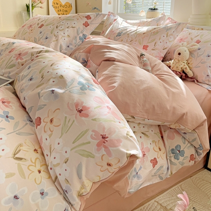大柏树 2025新款全棉13376印花四件套系列（可定制）-床单四件套花野-粉