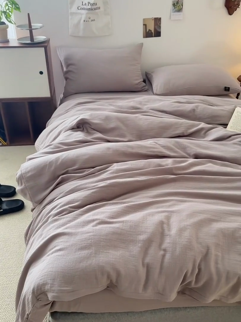 91家纺网 家纺一手货源 找家纺 水洗的故事 2025新款全棉A类皱皱纱纯色混搭四件套 燕麦