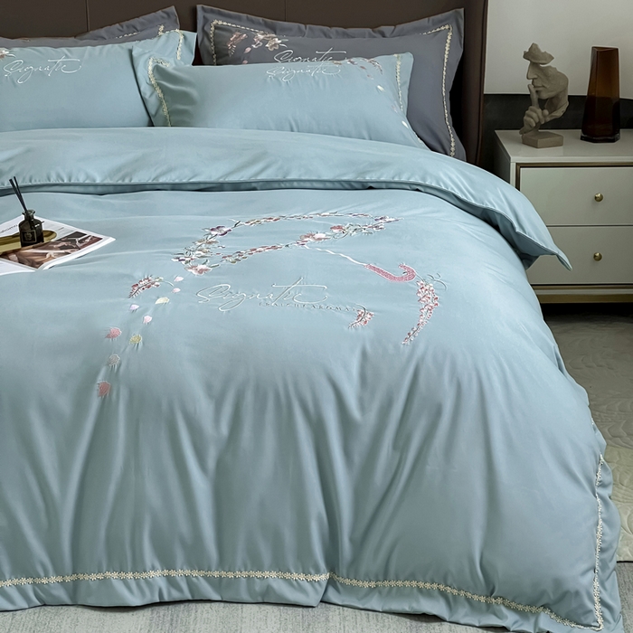 91家纺网 家纺一手货源 找家纺 梵克保罗 2025新款直播热卖长绒棉刺绣花边四件套-莉薇系列 莉薇-梵星绿