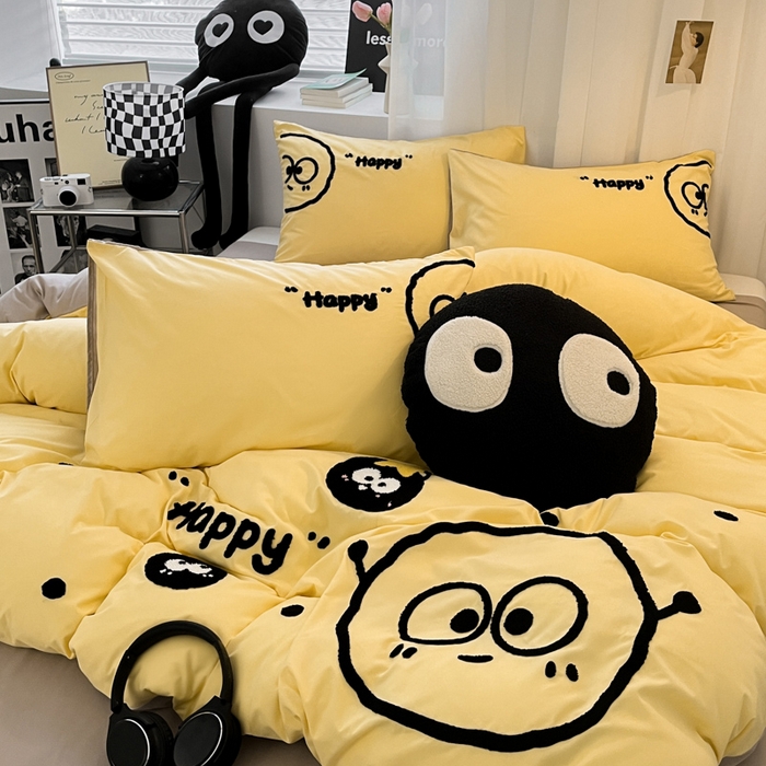 91家纺网 家纺一手货源 找家纺 沐慕 2025新款简约亲肤毛巾绣四件套 黑球球-黄色