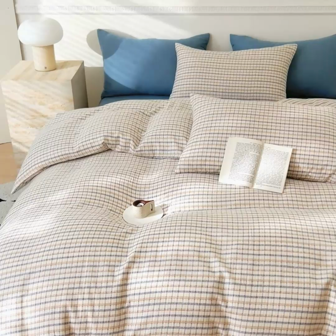 91家纺网 家纺一手货源 找家纺 DoDo 兜兜 2025新款全棉双层纱印花单被套（可定做尺寸） 蓝调格子