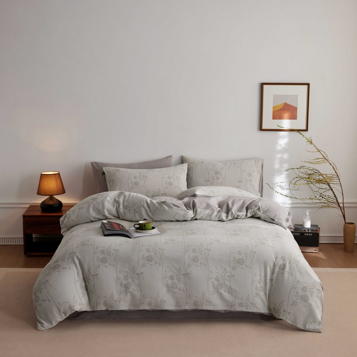 91家纺网 家纺一手货源 找家纺 安莱生活 2025新款60s双层纱色织大提花枝上玫瑰四件套系列 枝上玫瑰-银灰