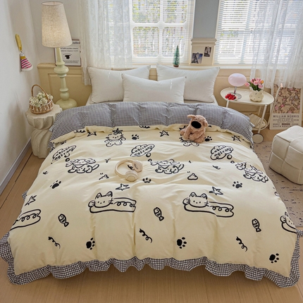 91家纺网 家纺一手货源 找家纺 忆生活家纺 2025新款韩版全棉花边款-单被套系列 哈皮园