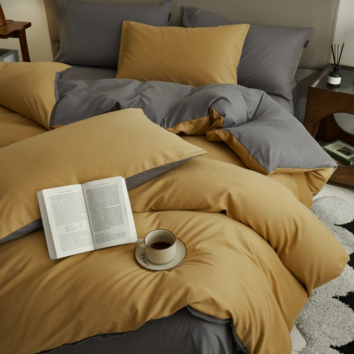 91家纺网 家纺一手货源 找家纺 2025新款全棉13372水洗棉双拼四件套（影棚暗光） 暗木幽香+宝藏灰